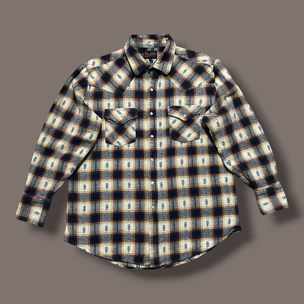 Vintage Western Shirt Pearl Snap Plaid Flannel Long Sleeve y2k Mens Large Brown